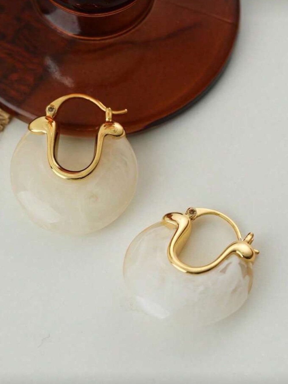 Cream Resin Hoop Earrings with Gold Accents